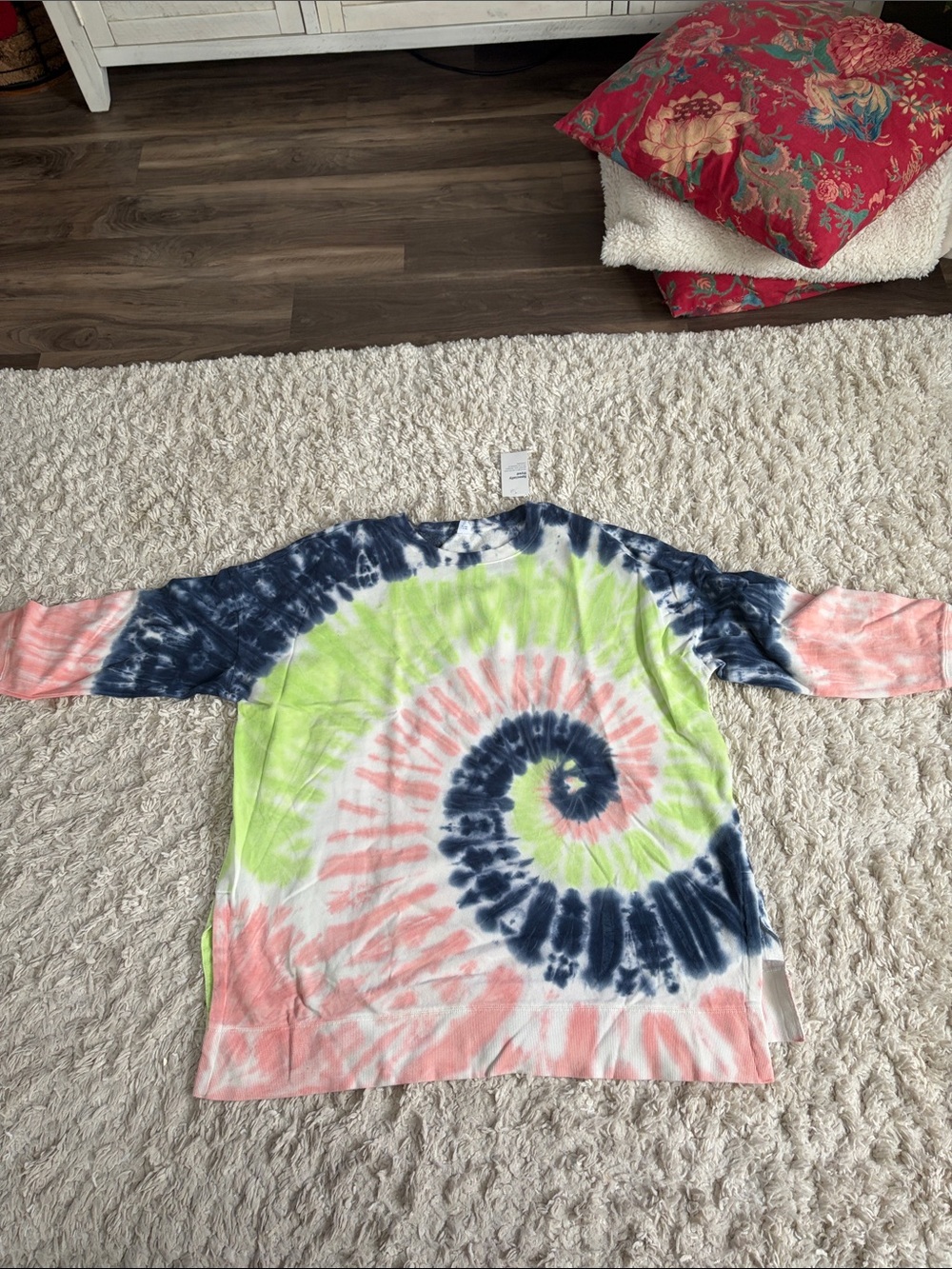 Old Navy Women’s Long Sleeve Tie-Dye Spiral Top - Neon Green, Navy & Coral